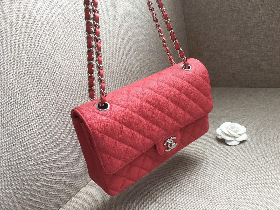 Medium Classic Flap Caviar Bag A01112 Rose Red/Silver